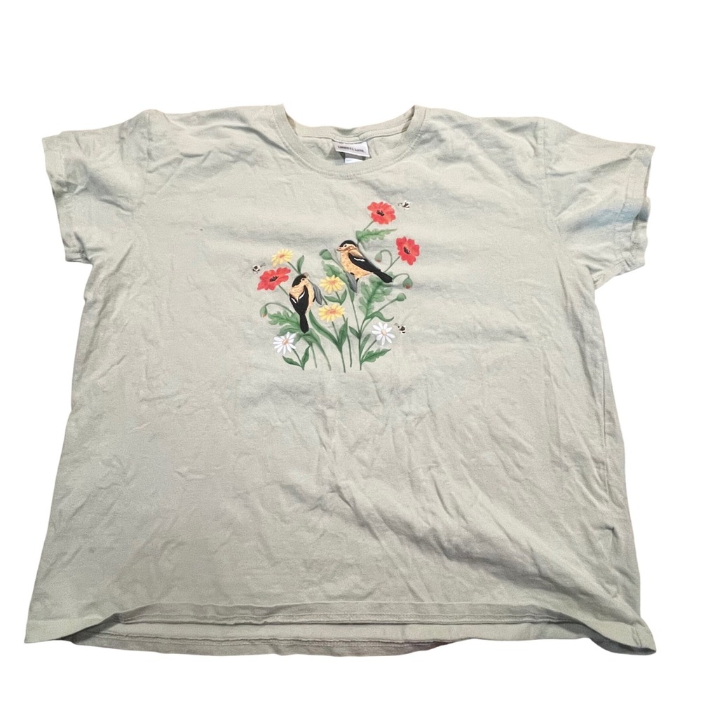 Liberty‎ Lane Womens XL Sage Green Bird Floral T-Shirt Short Sleeve Poppies